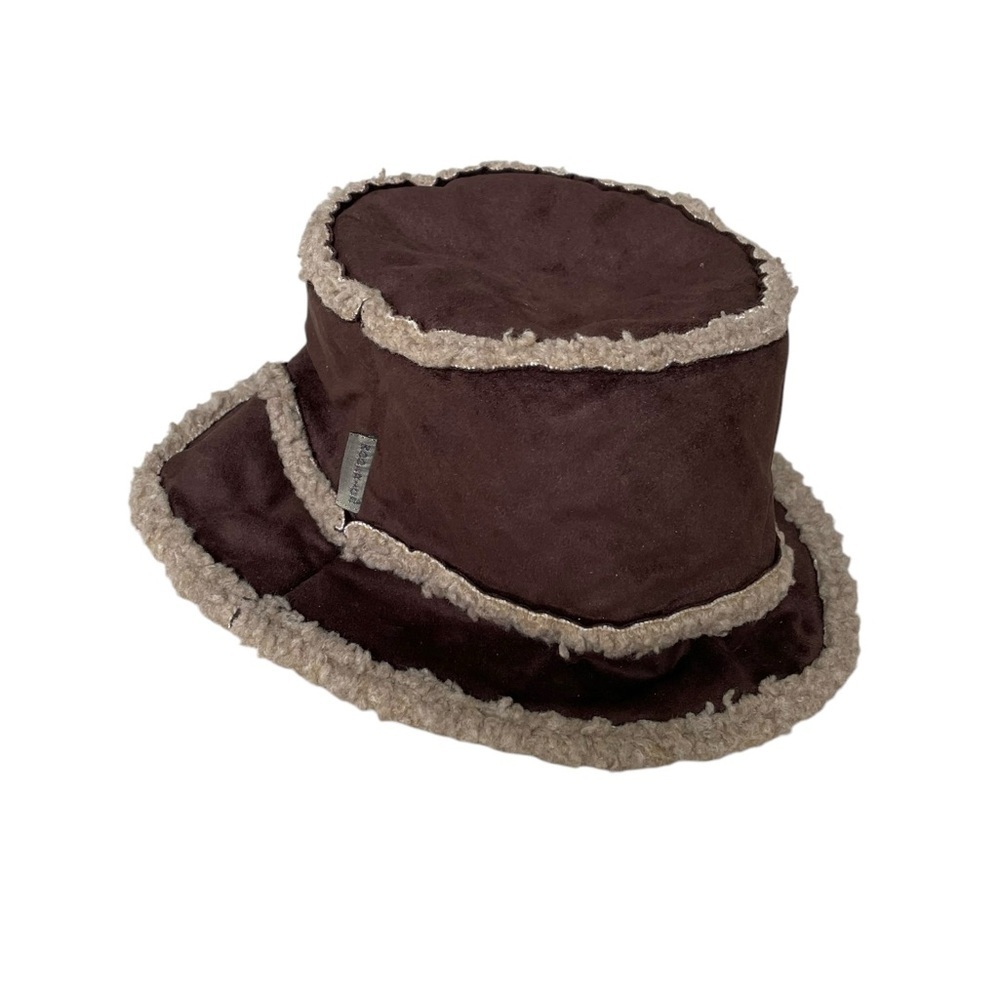 WOOLRICH Vintage Faux Suede Faux Shearling Sherpa Winter Bucket Hat Brown M